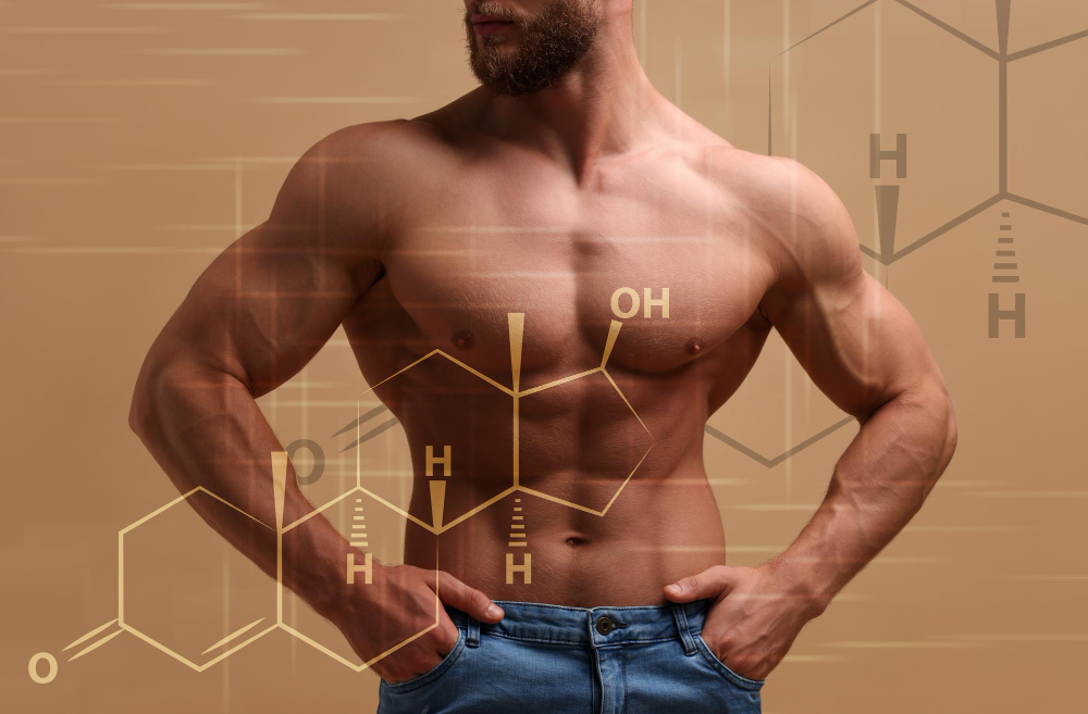 Muscular male torso with hormone molecule graphics representing male hormone balance in Sacramento CA.